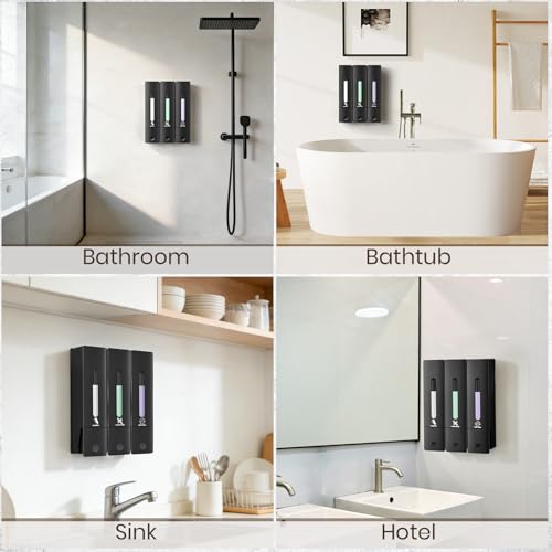 3 Chamber Shampoo and Conditioner Dispenser Set, No Drill Shower Soap | Refillable wall-mounted bottles, BPA-free. 3x400ml. Bathroom, shower, hotel. Dispenses body wash, soap, lotion, gel. Black.