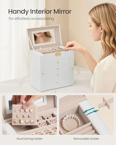 SONGMICS Jewelry Box Organizer, 5-Layer with 4 Drawers, Cream White | Jewelry Storage Case with Lock and Mirror, Large Storage Capacity, for Necklaces, Watches, Gift for Loved Ones UJBC153WD01S
