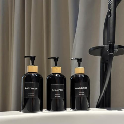 Shampoo and Conditioner Dispenser, Refillable Plastic Shampoo Pump Bottles with Waterproof Labels, Empty Body Wash Dispenser Set for Bathroom Shower, Black, Set of 3, 16.9oz