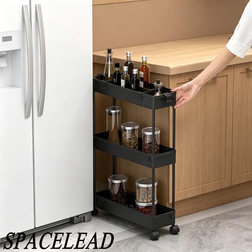 Slim Storage Cart 3 Tier,Bathroom Organizer Rolling Utility,Mobile Shelving Unit Slide Out for Office, Kitchen, Laundry Room & Narrow Places,Black