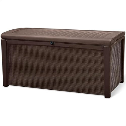 Keter Borneo 110 Gallon Resin Deck Box - Organization and Storage for Patio Furniture, Outdoor Cushions, Throw Pillows, Garden Tools and Pool Toys, Brown | for Patio, Backyard & Garden - Lockable, Organizing, and Waterproof Plastic Container Bench