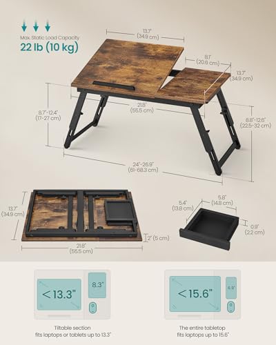 SONGMICS Bed Laptop Desk, Folding Bed Tray, Adjustable Angle and Height | Folding Bed Tray for Laptop up to 15.6 Inches, Portable for Working Reading Writing Breakfast, Drawer, ULLD105B01