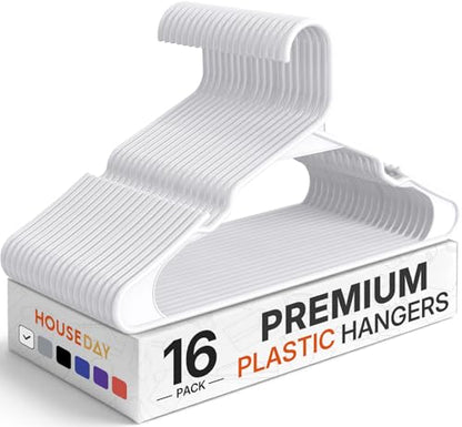 HOUSE DAY White Plastic Hangers 16 Pack – Slim Space Saving Clothes Hangers | Durable Hangers for Shirts, Coats and Pants, Non-Slip Notches Hold Straps, Small Bedroom Closets, Dorm & Apartment
