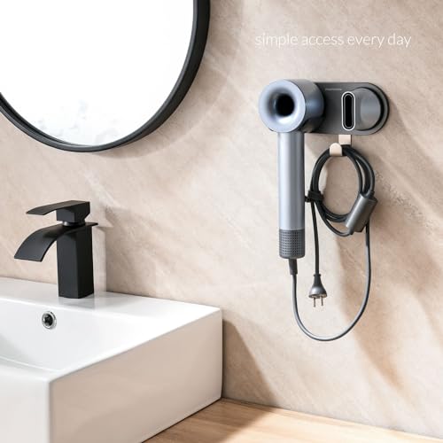 Hair Dryer Holder Wall Mount for All Magnetic High Speed Blow Dryer with Plug Cord Organizer Hook (Aluminum Alloy, Grey)