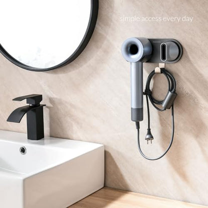 Hair Dryer Holder Wall Mount for All Magnetic High Speed Blow Dryer with Plug Cord Organizer Hook (Aluminum Alloy, Grey)
