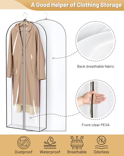 MISSLO 65" Clear Garment Bags for Hanging Clothes 4" Gusseted Dress Bags for Gowns Long Dress Cover for Closet Storage Dress Protector Bag, 2 Packs