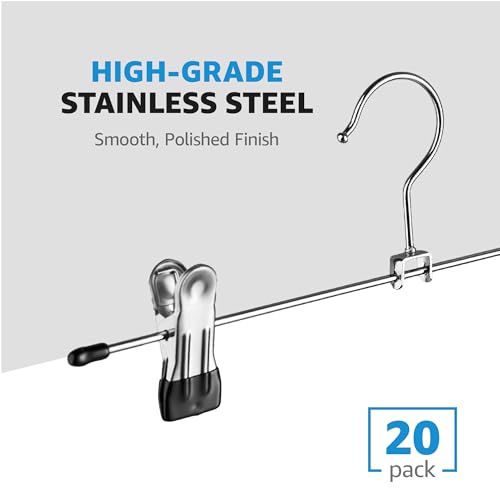 ZOBER Metal Pants Hangers with Clips - Pack of 20 Space Saving Skirt Hangers for Women - Chrome, Non-Slip, Adjustable Clips, for Pants, Skirts, Jeans Closet Organization, College Dorm Essentials