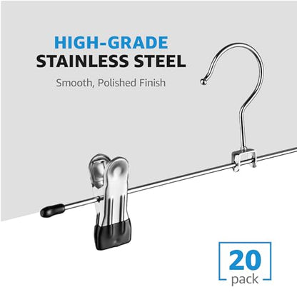 ZOBER Metal Pants Hangers with Clips - Pack of 20 Space Saving Skirt Hangers for Women - Chrome, Non-Slip, Adjustable Clips, for Pants, Skirts, Jeans Closet Organization, College Dorm Essentials