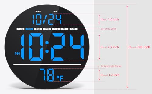 Digital Wall Clock with Large LED Display, Date, Temperature, Auto-Brightness | Small [PLUG-IN] Clock | Modern Electric Wall Clock for Bedroom, Classroom, Living Room, Home, Office, Farmhouse - Blue