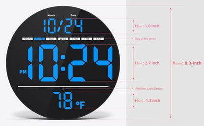 Digital Wall Clock with Large LED Display, Date, Temperature, Auto-Brightness | Small [PLUG-IN] Clock | Modern Electric Wall Clock for Bedroom, Classroom, Living Room, Home, Office, Farmhouse - Blue