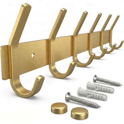 Brushed Gold Wall Mounted Coat Rack – 17 Inch Stainless Steel Rail with 6 Double Coat Hooks for Entryway, Bathroom, Bedroom, Kitchen – Modern Gold Hook Rack for Coats, Hats, Towels