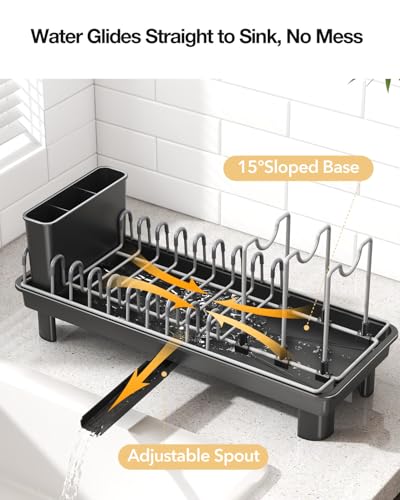 Small Dish Drying Rack Carbon Steel Dish Rack Rustproof for Kitchen Counter Compact Dish Drainer with Adjustable Slots for Small Kitchens & Apartments 16.5×6.5×7inch Black