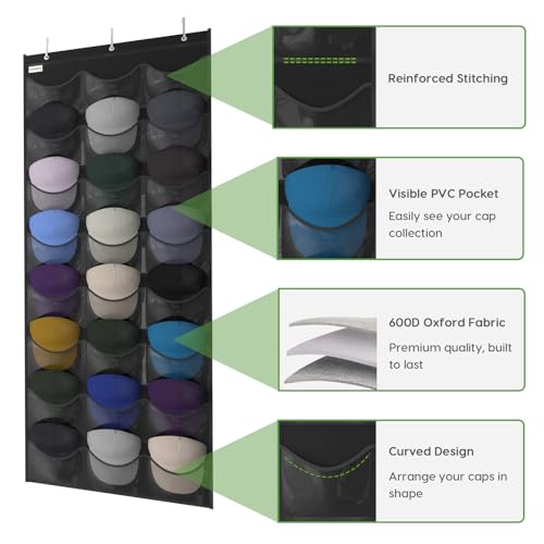 Baseball Hat Rack, 24 Pocket Over-The-Door Hat Organizer with Clear Deep Pockets to Display Baseball Caps Collection, Complete with 3 Over Door Hooks (Black, 24 Pockets)