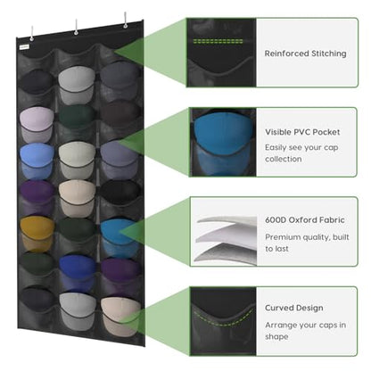 Baseball Hat Rack, 24 Pocket Over-The-Door Hat Organizer with Clear Deep Pockets to Display Baseball Caps Collection, Complete with 3 Over Door Hooks (Black, 24 Pockets)