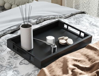 Fibogollo Bamboo Serving Trays with Metal Handles,Medium(Black) | 15 x 10Inch Ottoman Decorative Trays Platter for Coffee Table,Living Room,Bar,Party,Holiday Hosting and Outdoor Entertaining