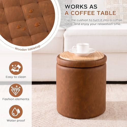 Leather Storage Ottoman Round, Foot Stool with Storage for Living Room