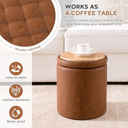 Leather Storage Ottoman Round, Foot Stool with Storage for Living Room