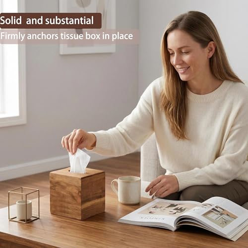 Tissue Box Cover Square, Acacia Wood Tissue Box Holder with Slide-Out Bottom, Wooden Tissue Box Cover Cube for Bathroom, Bedroom, Dinner Table, 5.5 x 5.5 x 6.1 inches
