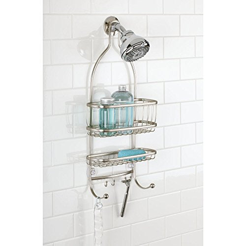 iDesign York Metal Wire Hanging Shower Caddy, Satin Silver | Extra Wide Space, 9.75" x 4" x 22", Hooks for Razors, Towels, For Shampoo, Conditioner, Soap