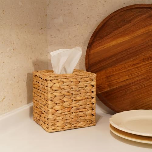 Water Hyacinth Handwoven Tissue Box Cover, Natural Handmade Wicker Napkin Box Holder, Handcrafted Square Facial Tissue, Rustic Decorative on Table and Bathroom, Office, Boho Decorative