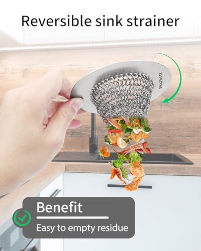 Reversible Kitchen Sink Drain Strainer Basket, Fits Sink & Garbage Disposal | Fast Drainage, Anti-Slip, Easy Clean, Anti-Clogging, Rust-Proof, Large Capacity, Universal 4.4-Inch, Patented Chain Mesh