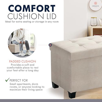 Ornavo Home Small Rectangle Storage Ottoman with Legs, 12x16x12, Beige | Foot Rest Stool Seat; Holds Up to 600 lbs; Ideal for Living Room, Bedroom, Home Office or Dorm