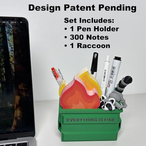 Funny Garbage Can Fire Pen Holder with 300 Sticky Notes – Cute Desk Organizer for Office, White Elephant Gag Gift for Coworkers, Men, Women – Unique Office Supplies & Decor