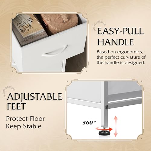 WLIVE Wide Dresser for Bedroom, 5 Drawer Chest of Drawers, White | 5 roomy fabric drawers, Wide storage design, Bedroom or closet use, Sturdy steel frame, Smooth wood tabletop