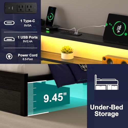 Full Bed Frames with Storage Drawer, Platform Bed with Charging Station and LED Lights, Upholstered Headboard with 2-Tier Storage Shelves, No Box Spring Needed