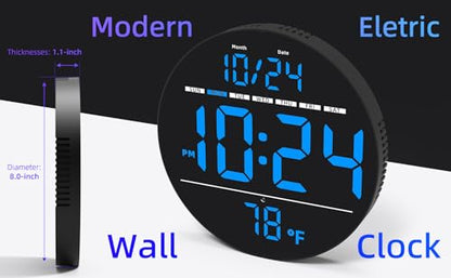 Digital Wall Clock with Large LED Display, Date, Temperature, Auto-Brightness | Small [PLUG-IN] Clock | Modern Electric Wall Clock for Bedroom, Classroom, Living Room, Home, Office, Farmhouse - Blue