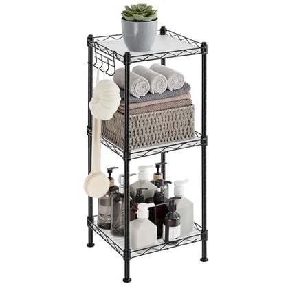 SONGMICS Storage Shelf, Bathroom Shelf for Small Space, 3 Tier, Ink Black | Storage rack with 3 PP shelf liners, removable hook, extendable design, Translucent, ULGR103B01