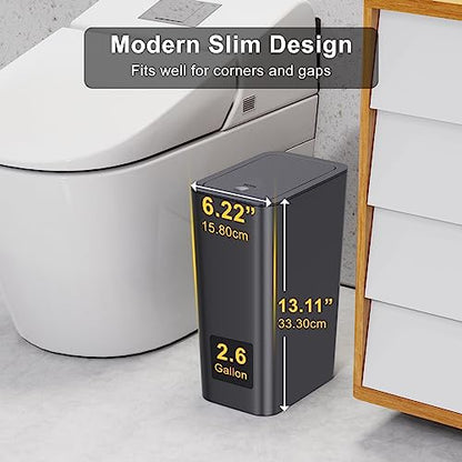 N. NETDOT 3 Pack 10 Liter Small Trash Can with lid, 2.6 Gallon,Garbage Can Slim Trash Bin Waste Basket for Bathroom,Kitchen,Bedroom,Living Room,Office,Laundry - Black