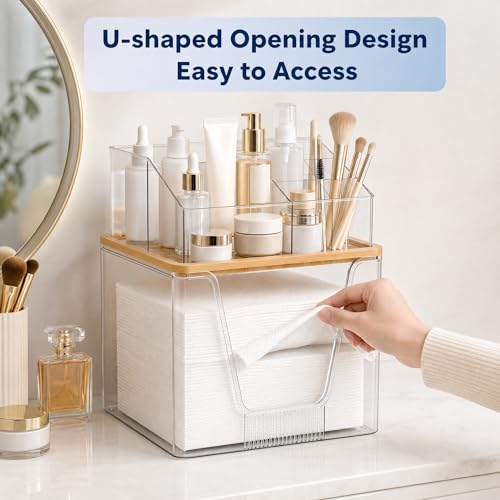 Disposable Facial Towel Holder, 2 Tier Cosmetic Storage Organizer Box | Clear box with Bamboo Lid Compatible with Clean Skin Club Towel XL, Skincare Organizer for Vanity Bathroom Countertop, 1 Pack