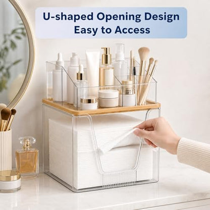 Disposable Facial Towel Holder, 2 Tier Cosmetic Storage Organizer Box | Clear box with Bamboo Lid Compatible with Clean Skin Club Towel XL, Skincare Organizer for Vanity Bathroom Countertop, 1 Pack