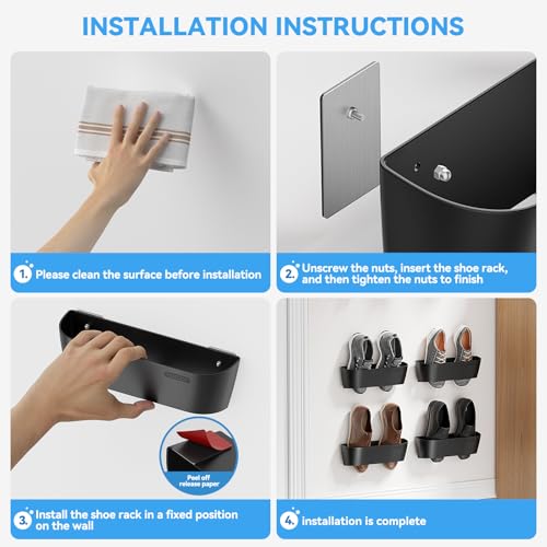 Wall Mounted Shoes Rack 5Pack with Sticky Hanging Strips, Plastic Shoes Holder Storage Organizer,Door Shoe Hangers (Black)