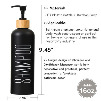 16oz 3-Pack Refillable Black Bathroom Shower Set - Empty Bottles with Pump for Shampoo, Conditioner, or Body Wash