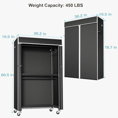 Clothing Rack with Cover, P1C Rolling Closets with Wheels, Metal Garment Rack for Hanging Clothes, Clothing Storage Wardrobe with Cover, 36.2" W x 16.5" D x 80.5" H, Black, Load 450 Pounds