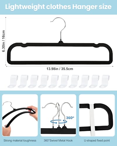 Black Velvet Hangers Non-Slip 20 Pack Felt Hangers for Pants Trouser Hanger | 360° Swivel Silver Hook, Thin Space Saving Clothes Hanger for Jeans Slacks, Slim Perchas Terciopelo, Perchas para Pantalones