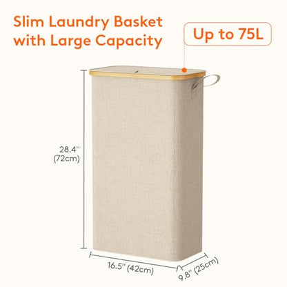 Lifewit 75L Slim Laundry Hamper with Lid, Narrow Laundry Basket with Removable Bag & Bamboo Handles, Fodable Thin Dirty Clothes Hamper for Laundry Collapsible Bin for Bathroom Bedroom Dorm, Beige