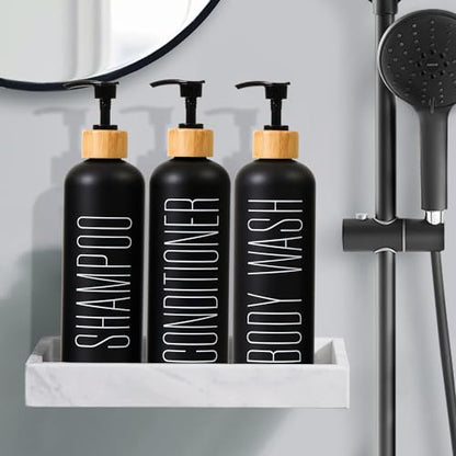 16oz 3-Pack Refillable Black Bathroom Shower Set - Empty Bottles with Pump for Shampoo, Conditioner, or Body Wash