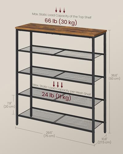 VASAGLE 5-Tier Shoe Rack, Large Shoe Storage Organizer for Closet, Entryway, 18-24 Pairs, with 4 Metal Mesh Shelves, 10.8 x 29.5 x 36.6 Inches, Rustic Brown and Black ULBS115KD01