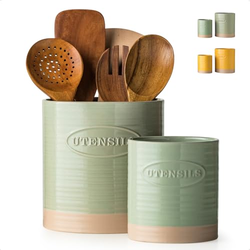 Kitchen Utensil Holder Set of 2, Utensil Crock for... (C-Green & Clay | Ceramic)