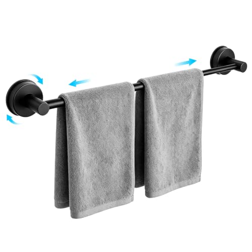 No Drill Suction Cup Towel Bar with Adjustable 14.6-24In | Strong Adhesive Wall Mount, Thickened Stainless Steel Matte Black Towel Rack for Renters, Bathroom Shower & Kitchen Storage