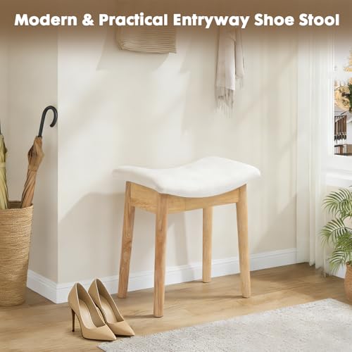 Square Linen Makeup Stool Small Ottoman Stool Chair for Vanity, Modern Padded Seat Foot Rest for Makeup Room, Bathroom (Classic-Beige)
