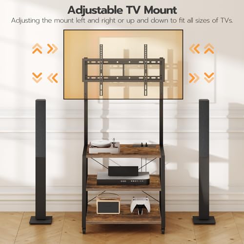 HOOBRO Rolling TV Stand with Mount and Power Outlet Up to 55 inch TV, Corner Entertainment Center, Small TV Stand with 3-Tier Storage Shelves for Living Room, Bedroom, Rustic Brown and Black BF66UDS01