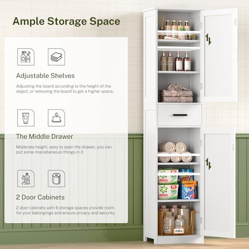WEENFON Tall Bathroom Cabinet, Storage Cabinet with 6 Shelves & Drawer, Bathroom Storage Cabinet with Adjustable Shelves, Tall Cabinet for Living Room, Home Office, White