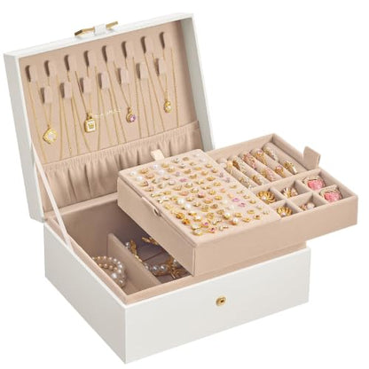 SONGMICS 2-Layer Jewelry Box Organizer, Jewelry Storage Case with Removable Tray and Handle, for Necklaces, Earrings, Rings, Bracelets, 6.7 x 8.1 x 3.7 Inches, Gift Idea, Cream White UJBC208WD01