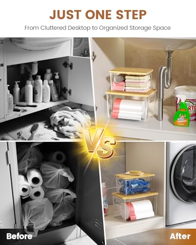 Trash Bag Dispenser 2 Pack, Stackable Trash Bag Holder with Bamboo Lid – Clear Plastic Garbage Bag Organizer for 4-33 Gal Bags, Space-Saving Under Sink Organizer for Kitchen, Laundry, Pantry