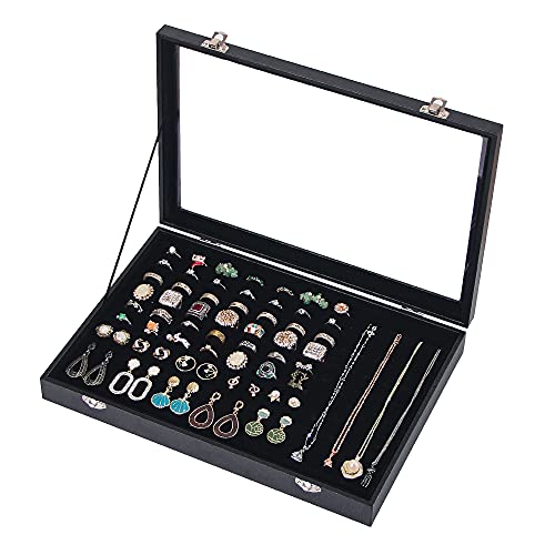Ring Holder Organizer Box, Jewelry Display Case, Earring Necklace Storage Tray With Top Glass Lid (Black, 100 Slots)