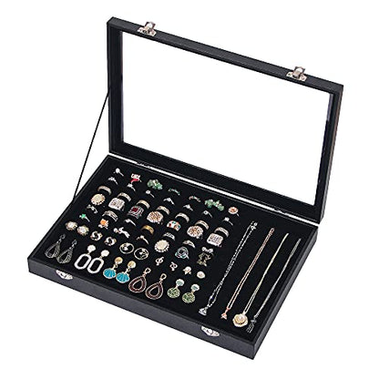 Ring Holder Organizer Box, Jewelry Display Case, Earring Necklace Storage Tray With Top Glass Lid (Black, 100 Slots)